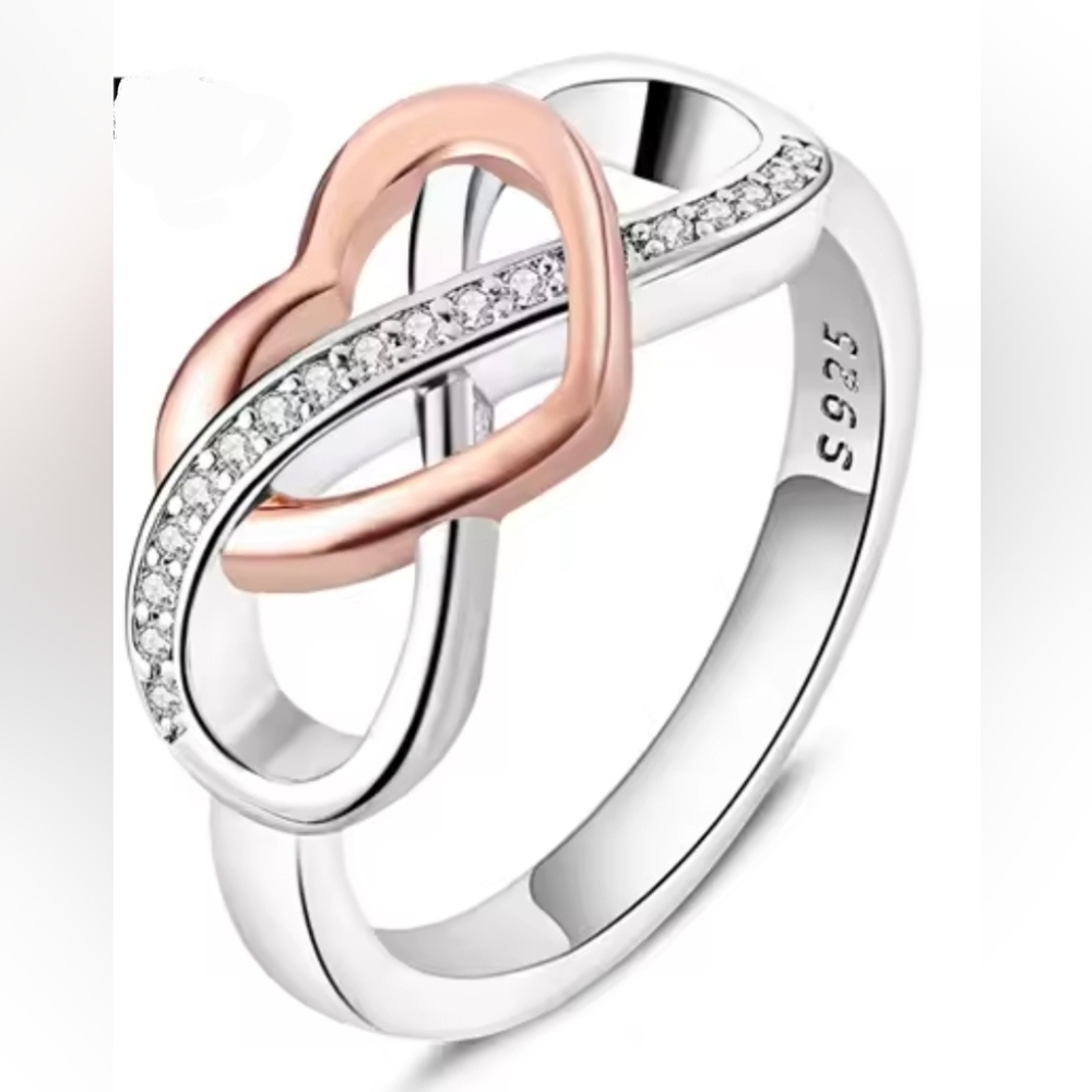 925 Sterling Silver and Rose Gold Heart Infinity Ring - Picture 2 of 4